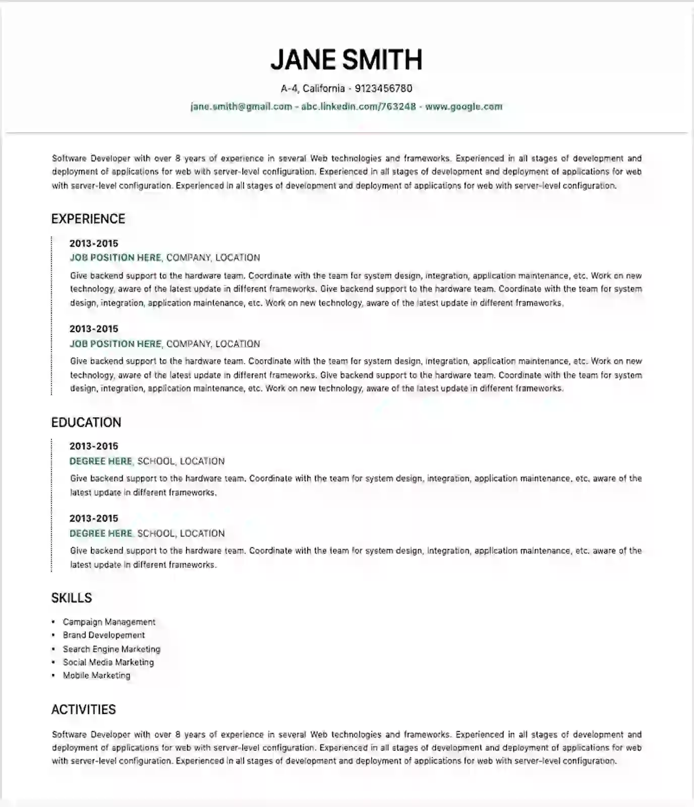 White resume template